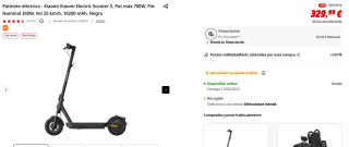 Patinete eléctrico Xiaomi Xiaomi Electric Scooter 5, Pot máx 700W, Pot Nominal 350W, Vel 25 km/h por 329,99€