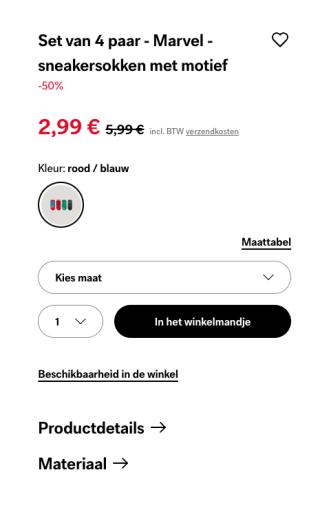 Marvel sneakersokken 5 paar voor €3,99 en 4 paar voor €2,99