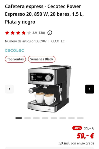 Cafetera Expresso Cecotec por 59€.