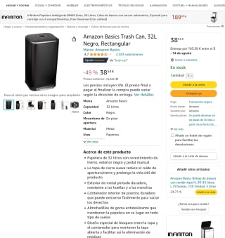 Amazon Basics Trash Can 32L Rectangular por 38,54€