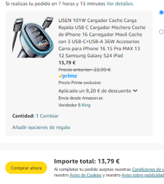 101W Cargador Coche Carga Rapida USB C LISEN por 13,79€