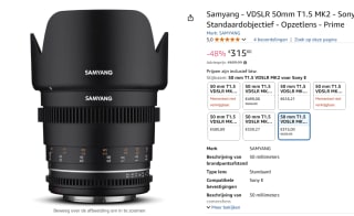 Samyang Optics VDSLR 50mm T1.5 MK2 Sony E voor €315 bij Amazon