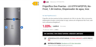 Frigorífico Dos Puertas - LG GTF916PZPYD, No-Frost, 1.84m, Dispensador de agua, Inox por 989€