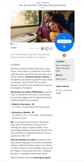 9€ Alta Velocidad Barcelona-Madrid.