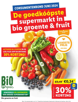 30% korting op alle biologische fruit en groente bij de Lidl