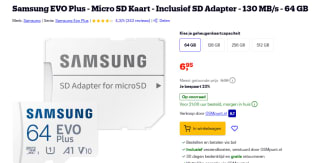 Samsung EVO Plus - Micro SD Kaart - Inclusief SD Adapter - 130 MB/s - 64 GB voor €6,95 bij Bol