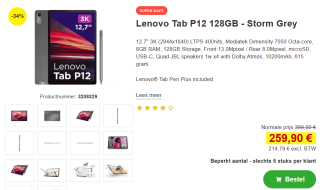 Lenovo Tab P12 12.7" 128GB Wifi Grijs incl. Stylus voor €259,90 bij proshop
