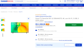 Smart TV da LG 50 polegadas em 4K 50NANO75 - R$ 2.399,99