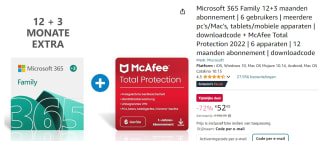 Microsoft 365 Family (15maanden) + McAfee abonnement (12mmaanden) voor 6 apparaten voor €52,99bij Amazon