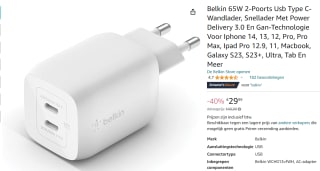 Belkin Boost-Up Charge Pro Adapter - 2-poorts - USB-C - 65W - Wit voor €29,99 bij Amazon
