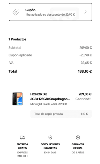 Móvil HONOR X8 6GB 128GB por 188,10€