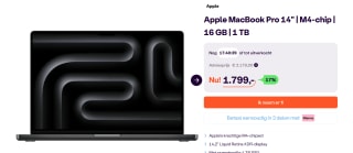 Apple MacBook Pro 2024 14,2'' - M4, 10 Core CPU, 10 Core GPU, 16GB RAM, 1TB SSD, Qwerty, Space Zwart voor €1.799 bij ibood
