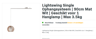 Lightswing® Single Ophangsysteem voor één Hanglamp tot 3,5 KG voor €76,97