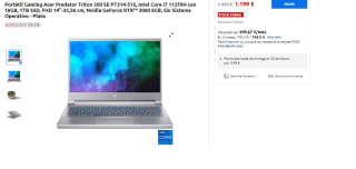 Ordenador Portátil Gaming Acer Predator Triton 300 SE PT314-51S, Intel Core i7 11370H con 16GB, 1TB SSD, FHD 14"-35,56 cm, Nvidia GeForce RTX™ 3060 6GB, FreeDos por 1199€