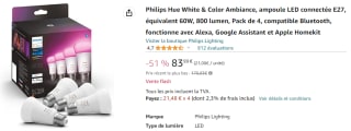 Pack de 4 ampoules de couleur Philips Hue à 83,99€