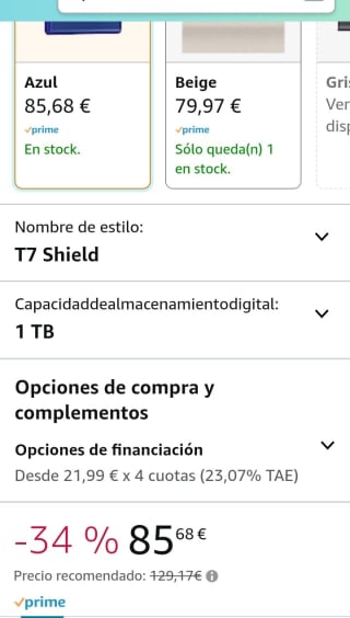 Disco duro SSD externo 1 TB - Samsung T7 por 85,68€.