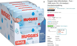 Huggies billendoekjes - Pure 99% water - 18 x 56 stuks 1008 doekjes - voor €14,89 met Amazon Prime