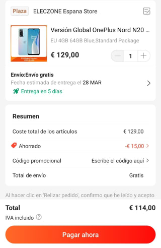 OnePlus Nord N20 SE de 4GB/64GB por sólo 114€