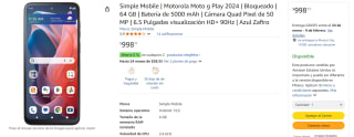 Motorola Moto G Play 2024 64GB Simple Mobile por $998 | Amazon