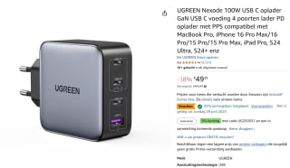 UGREEN Nexode 100W USB C oplader GaN USB C voeding 4 poorten voor €32,64 dmv code bij Amazon