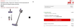 Aspirador escoba - Dyson v8™, Potencia 115 W, Autonomía 40 min, por 263.2€