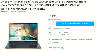 Acer Swift 5 Pro SF514-56T-77VR - Laptop voor €1092 bij Mymediacenter