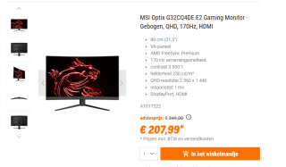 MSI G32CQ4DE E2 computer monitor 80 cm (31.5") voor €207,99 bij Nbb