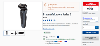 Afeitadora eléctrica Braun Series 6 61-B1200s SensoFlex por 59,99€
