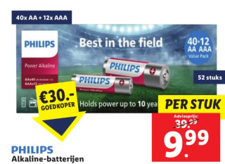 Philips Power Alkaline Batterijen 40xAA + 12xAAA voor €9,99 bij de Lidl