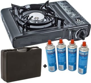 Cocina de gas portátil JUNG con 1 quemador y 4 cartuchos de gas, encendido piezoeléctrico, incluye maletín por 34,95€