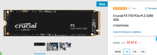 Carte SSD interne M.2 NVMe PCIe 3.0 Crucial à 57,47€