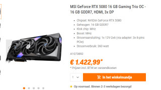 MSI GeForce RTX 5080 16G GAMING TRIO OC videokaart voor €1.422,99 bij Nbb