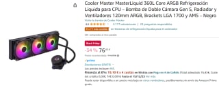 Refrigeración Líquida para CPU Cooler Master MasterLiquid 360L Core ARGB con Bomba de Doble Cámara Gen S, Radiador y Ventiladores 120mm ARGB, Brackets LGA 1700 y AM5 por 76.43€