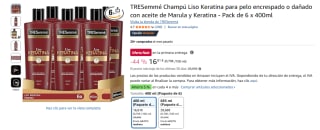Pack 6 TRESemmé Champú Liso Keratina para pelo encrespado o dañado con aceite de Marula y Keratina 400ml por 16,81€