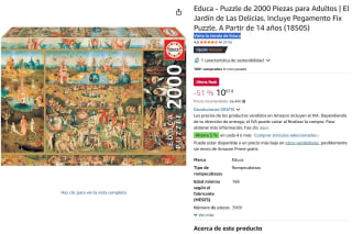 Educa Puzzle de 2000 Piezas para Adultos El Jardín de Las Delicia Incluye Pegamento por solo 10,97