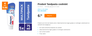 4 x 75 ml Prodent Tandpasta coolmint voor €5 bij de AH