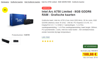 INTEL Arc A750 - Videokaart voor €188,88 bij Proshop