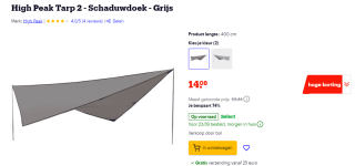 High Peak Tarp 2 schaduwdoek 400x400 cm voor €14,08
