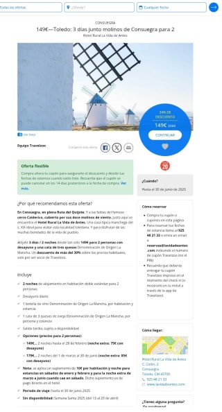 Toledo entre molinos 3 días por 149€ para 2 personas.