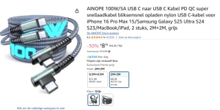 2 Stuks 100W/5A USB C naar USB C Kabels 2M+2M voor €8,39 met Amazon Prime