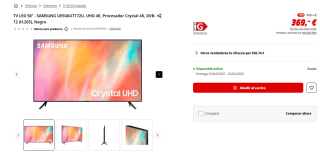 TV LED 50" Samsung UE50AU7172U, UHD 4K, Procesador Crystal 4K por 369€