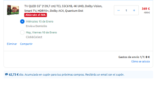 TV QLED 55" TCL 55C61B, 4K UHD, Dolby Vision, Smart TV, HDR10+ por 369€ + cupón de 62,73€