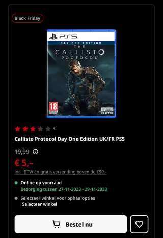 Callisto Protocol Day One Edition PS5 voor €5 op de site van Mediamarkt BE