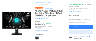 Monitor 27" MSI G274QPF 170Hz con descuento en Mercado Libre