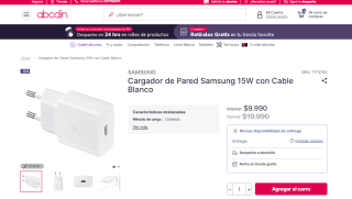 Cargador de pared Samsung 15W con cable blanco por $9.990