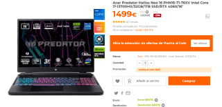Ordenador Portatil Acer Predator Helios Neo 16 PHN16-71-76XV Intel Core i7-13700HX/32GB/1TB SSD/RTX 4060/16" por 1499€