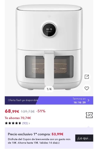 Xiaomi Smart Air Fryer Pro 4litros por 53,99€.