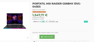 Portátil Gaming MSI Raider GE68HX 13VG-043ES I7-13700HX 32GB SSD 1TB RTX4070 8G 16 QHD por 1.547,71€