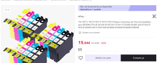 Pack x15 cartuchos de Tinta compatibles para EPSON STYLUS (cuentas nuevas por 12.78€)