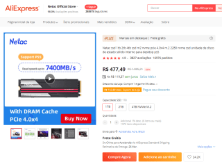 Memória SSD da Netac de 1TB - R$ 477,49